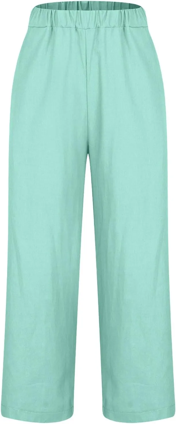 Womens Linen Pants 2025 Summer Cotton Linen Elastic High Waist Straight Leg Plus Size Casual Trousers with Pockets