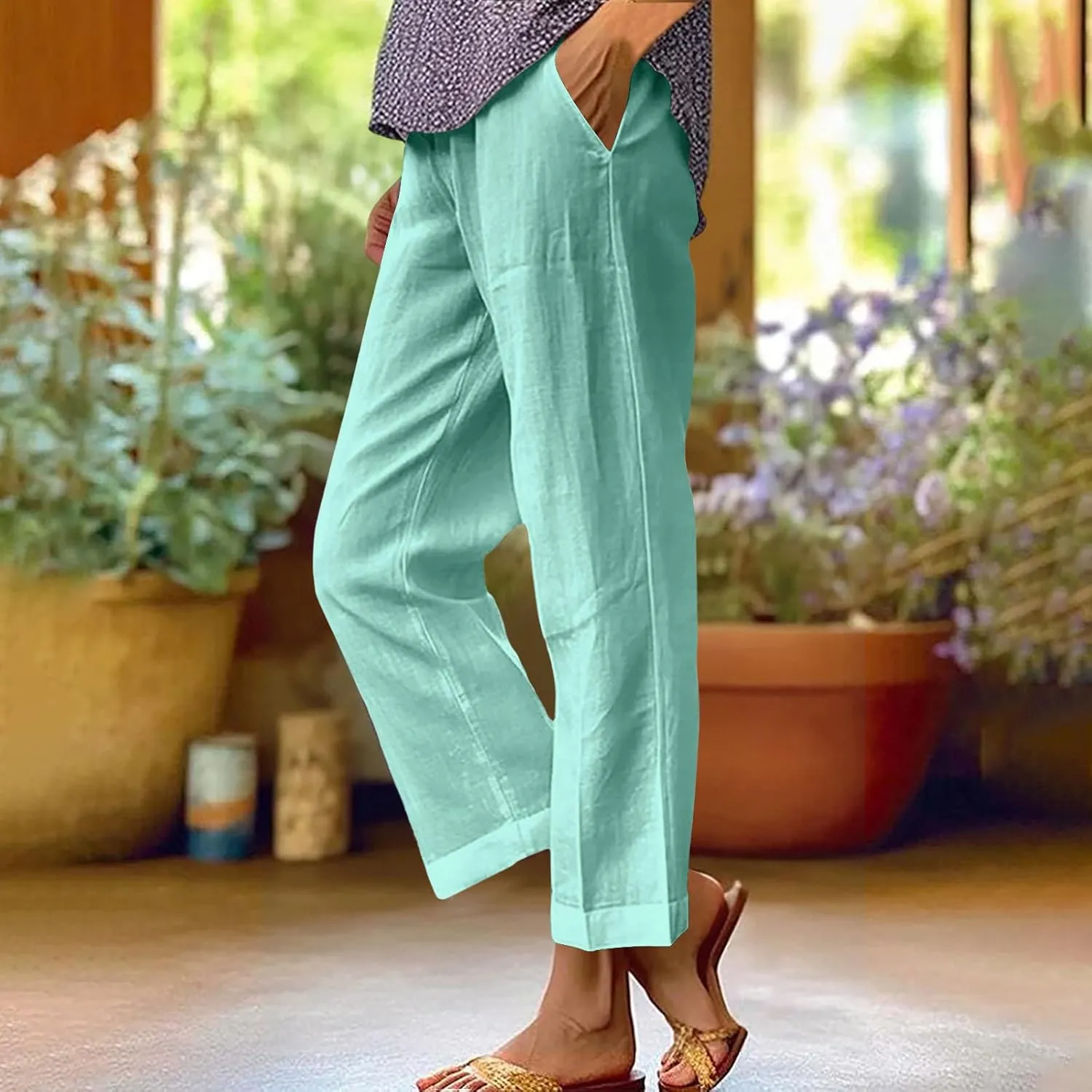 Womens Linen Pants 2025 Summer Cotton Linen Elastic High Waist Straight Leg Plus Size Casual Trousers with Pockets
