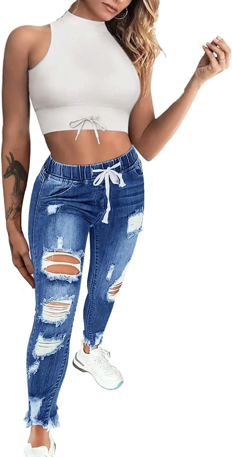 Women's Ripped Jeans High Waist Stretch Skinny Jean Destroyed Denim Plus Size Pants for Women