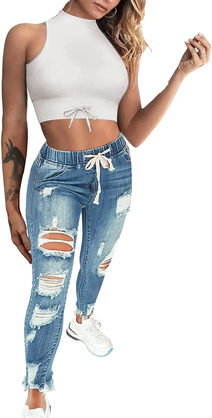 Women's Ripped Jeans High Waist Stretch Skinny Jean Destroyed Denim Plus Size Pants for Women