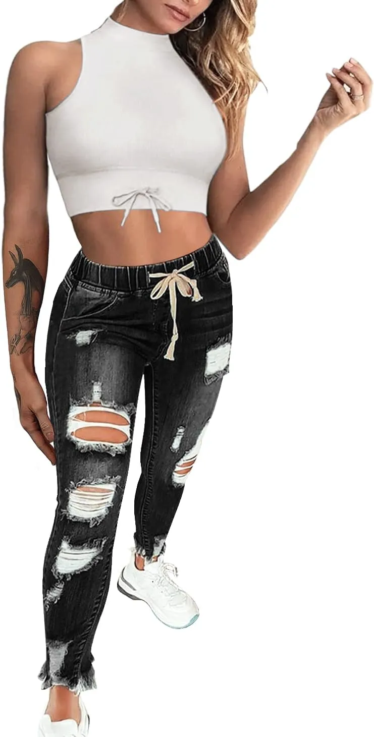 Women's Ripped Jeans High Waist Stretch Skinny Jean Destroyed Denim Plus Size Pants for Women