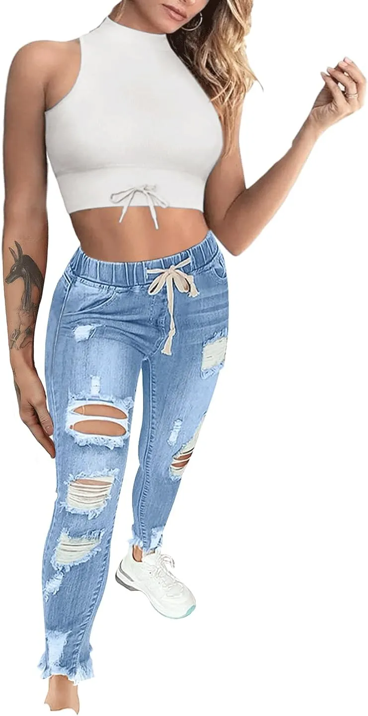 Women's Ripped Jeans High Waist Stretch Skinny Jean Destroyed Denim Plus Size Pants for Women