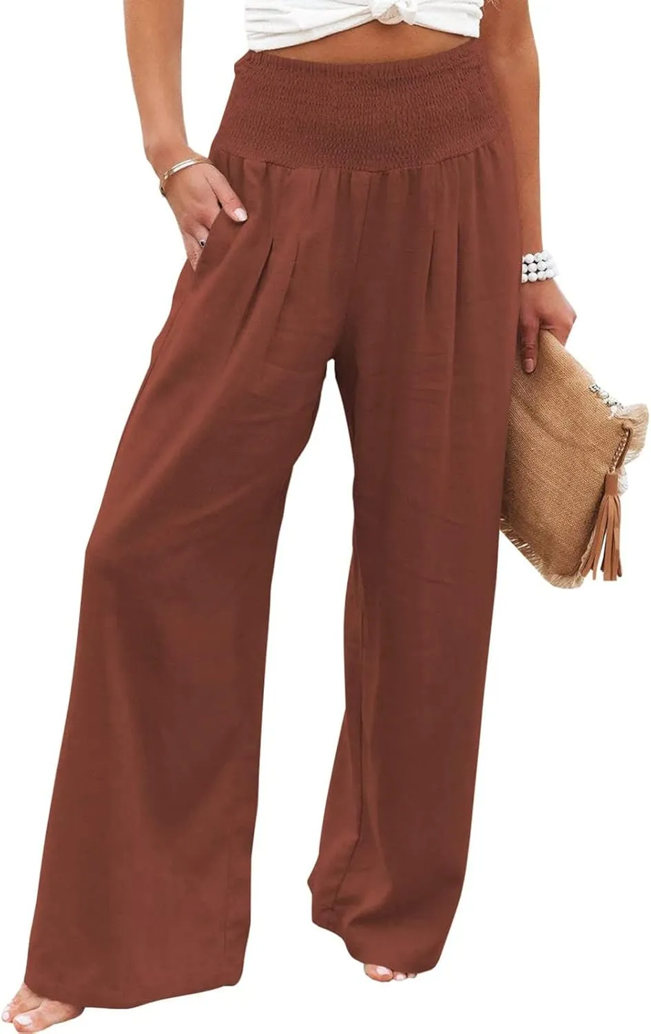 Womens Wide Leg Linen Pants 2025 Baggy Y2K Summer Stretchy Boho Beach Pants Relaxed Loose Fit Elastic Lightweight Trousers