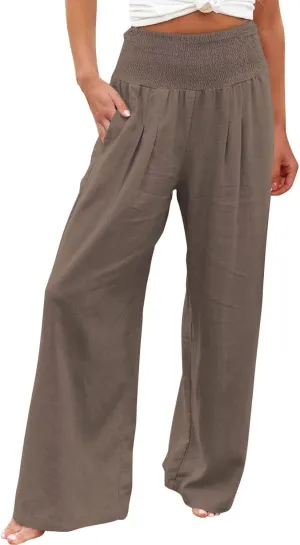 Womens Wide Leg Linen Pants 2025 Baggy Y2K Summer Stretchy Boho Beach Pants Relaxed Loose Fit Elastic Lightweight Trousers