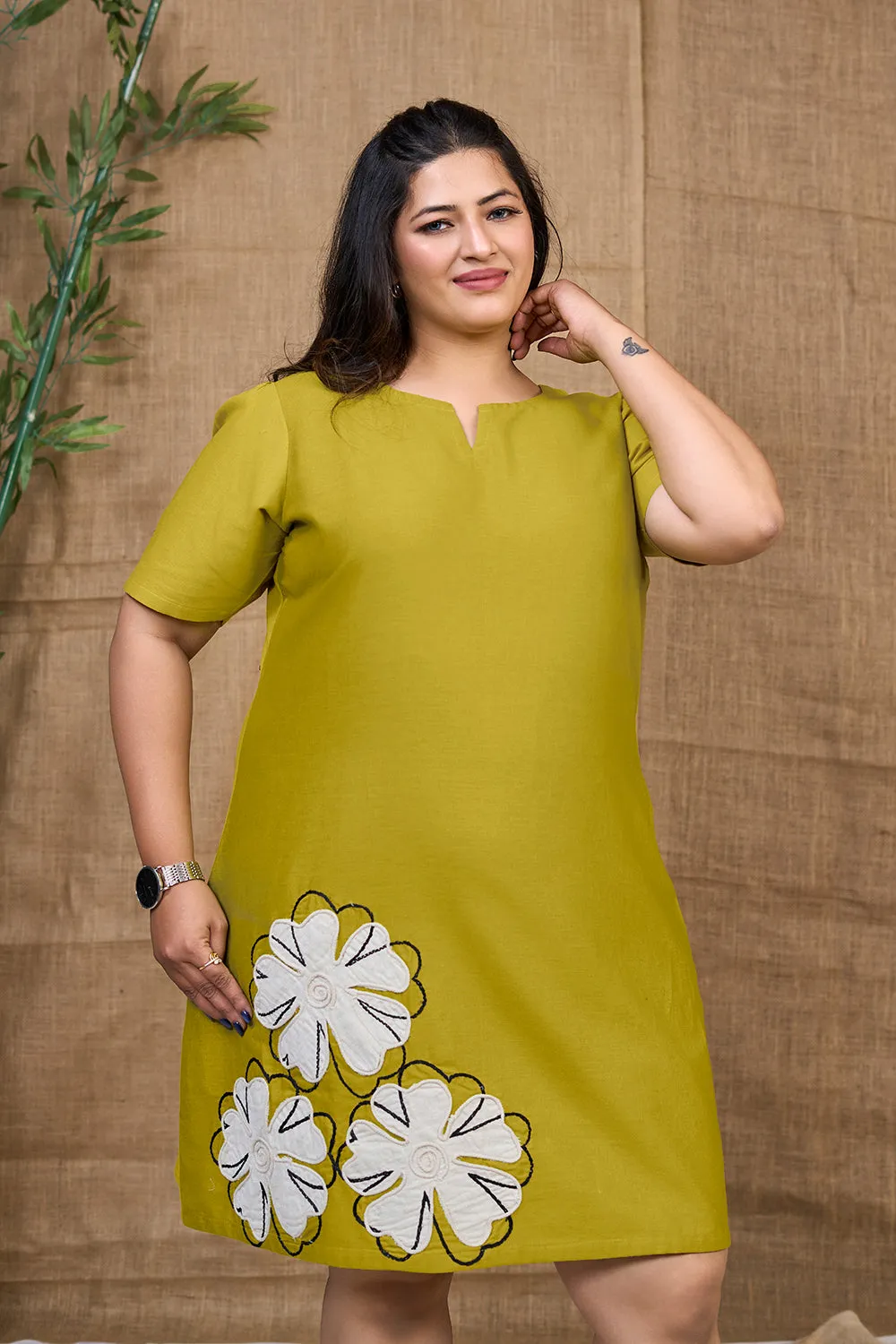 Yellow plus size A-line dress for women