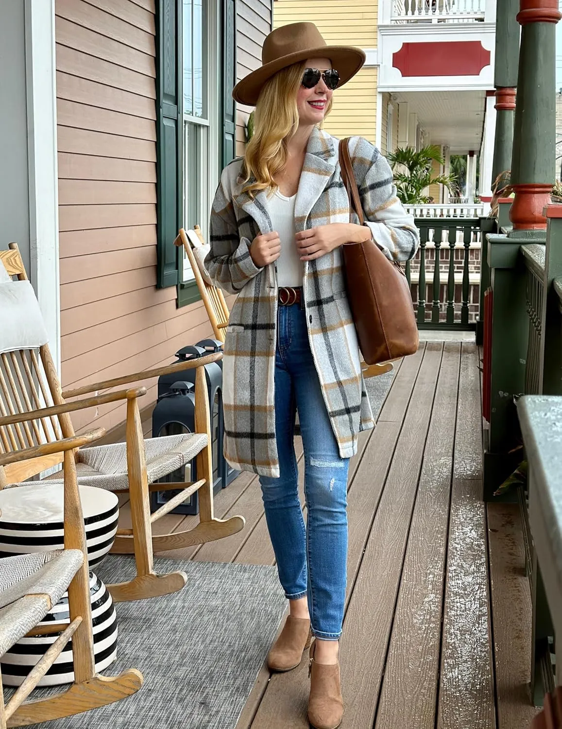 Zeagoo Women 2023 Plaid Jacket Mid Length Trench Coat Fall Light Coat with Pockets