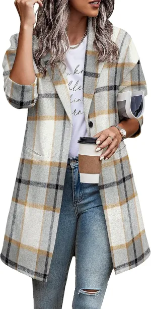 Zeagoo Women 2023 Plaid Jacket Mid Length Trench Coat Fall Light Coat with Pockets